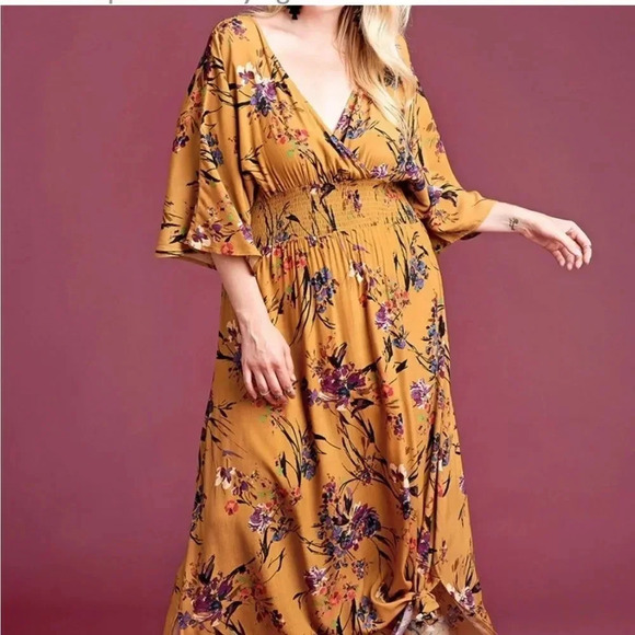 SHE + SKY  MULTI COLOR FALL FLORAL SMOCKED WAIST MAXI DRESS WIDE SLEEVES SIZE M - Picture 2 of 15